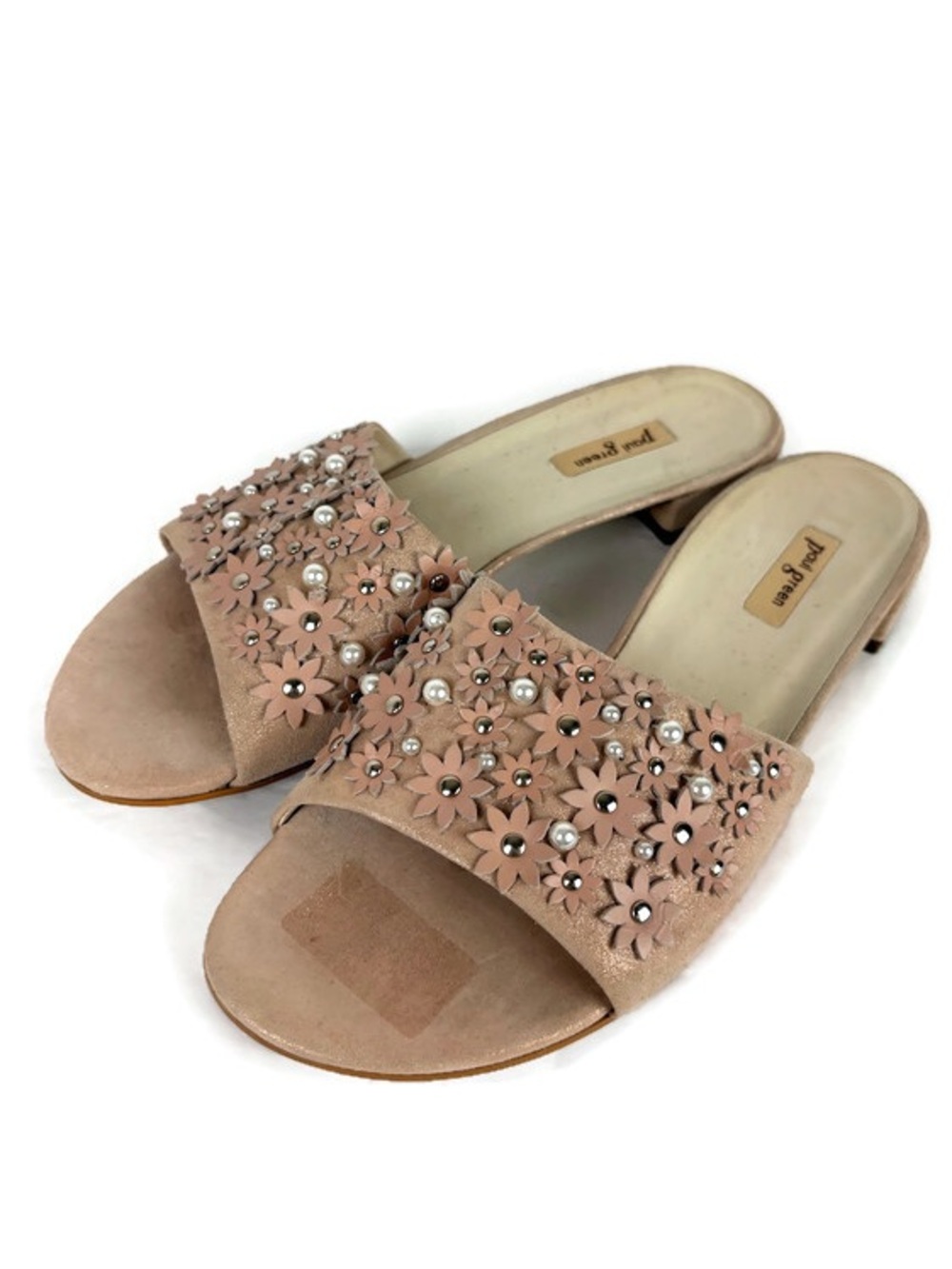 Paul Green Leather Suede Floral Embellished Cutout Slip On Slide Sandals Taupe